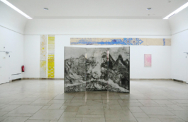In the center a print with a mountain landscape, by another artist, around it: on the left two yellow patterned wallpaper panels hanging vertically to the floor. On the right a pink dotted picture, above and running over the middle print a horizontally hung and blue patterned wallpaper panel. Anna Slobodnik 2015. 