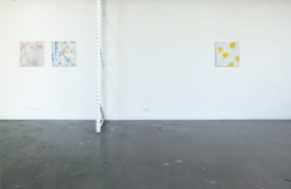 On the left two square paintings, one of them pink-blue, the other yellow-blue, the patterns are watercolor-like. On the right a square image with yellow flowers and striped light blue background. Anna Slobodnik 2015. 