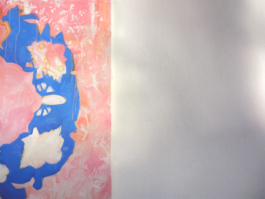 Detail of the right side of a pink painting with a blue floral wreath on it. Anna Slobodnik 2015. 