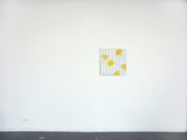 One small square-formated painting with yellow flowers on light-blue stripes. Anna Slobodnik 2015. 