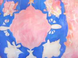 Detail of the middle part of a big pink painting with a blue flower wreath on it. Anna Slobodnik 2015. 