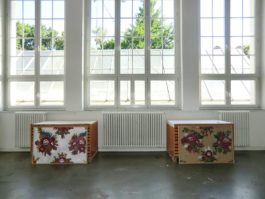 Two paintings infront of big windows. On the painting flowers in pink and blue. Anna Slobodnik 2015. 