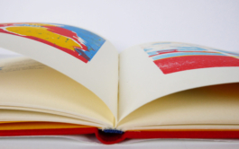An open book with colorful prints. 