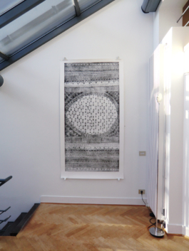 A big etching in a room with a staircase left to it. Anna Slobodnik, 2018. 