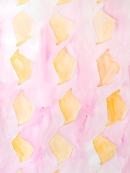 Detail of a watercolor painting in pink with yellow forms on it. Anna Slobodnik, 2018. 