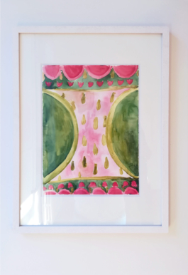 A framed watercolorpainting with green and red shapes. Anna Slobodnik 2018. 