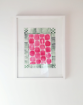 A framed watercolor painting with a pattern of red tiles, framed by a green border. Anna Slobodnik, 2018. 
