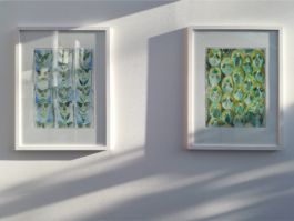 Two framed watercolorpaintings with patterns in blue and green. Anna Slobodnik, 2018. 