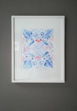 A framed watercolor painting with folkloristic patterns in red and blue. Anna Slobodnik, 2018. 
