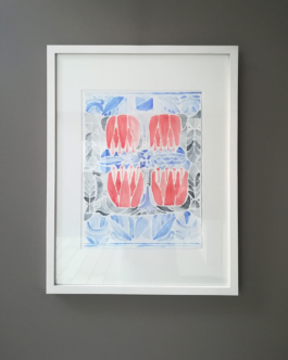 A framed watercolor painting of floral pattern in red and blue. Anna Slobodnik, 2018. 