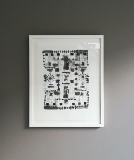 A framed lithograph of a carpet in black and white. Anna Slobodnik, 2018. 