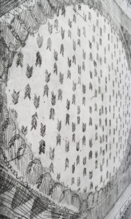 Close up of a etching of a patternd rug. Anna Slobodnik, 2018. 