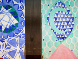 Close up of a patterned green and blue canvas. 