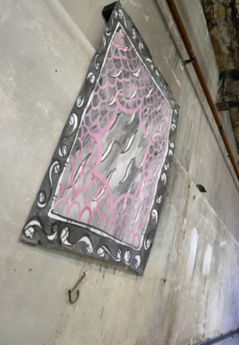 A painting of a carpet in black grey and pink on paper. 