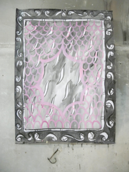 A painting of a carpet in black grey and pink on paper. 