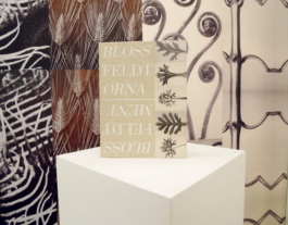 Close up on the book Blossfeldt and the ornament infront of a floral wallpaper. 