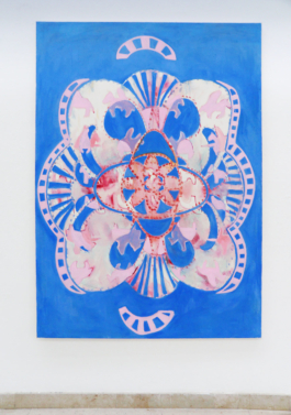 One big blue painting of a rug, with pink and white figures in the middle part. Anna Slobodnik 2016. 