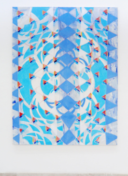 One big painting with blue and redish triangle-like patterns on it. Anna Slobodnik 2016. 