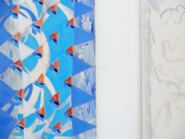 Details of two paintings: One with blue triangle shaped patterns one with light blue animal ones. Anna Slobodnik 2016. 