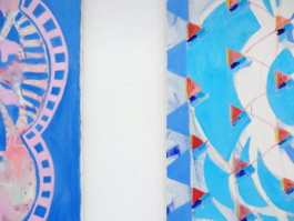 Detail of two paintings, one blue with pink patterns one with blue and read triangle patterns on it. Anna Slobodnik 2016. 