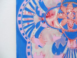 Detail of a big blue painting with pink horses on it. Anna Slobodnik 2016. 