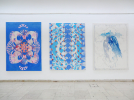 Three bluish paintings with carpet patterns on them. Anna Slobodnik 2016. 