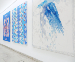 Three bluish paintings with carpet patterns on them. Anna Slobodnik 2016. 