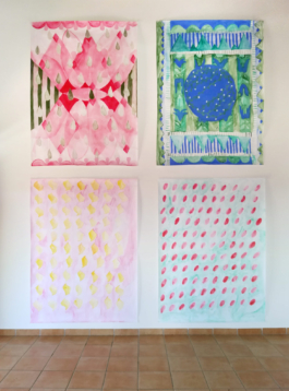 Four big paintings on paper. All of them patterned, above complex patterns in red green and blue, on the two paintings nearer to the floor concatenation of yellow and red forms on pink and green ground. Anna Slobodnik, 2018. 