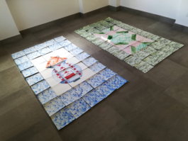 Two painting of tiles in green and blue, both assembled on the floor. Anna Slobodnik, 2018. 