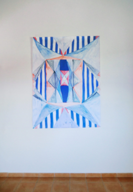One big painting on paper, with a pattern of stripes and triangles in blue, orange and red. Anna Slobodnik, 2018. 