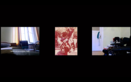 Three stills next to each other, on the left and the right, views of a room. In the middle a man in a costume infront of a monument. Anna Sobodnik, 2019. 