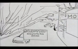A drawn street with cars. Title: Roadtrip. Anna Slobodnik 2011-2013. 