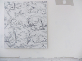 A painting with a pencil drawing of a patthern with animals and trees. Anna Slobodnik 2015. 