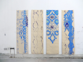 Four wallpaper panels with blue patterns on it. Anna Slobodnik 2015. 