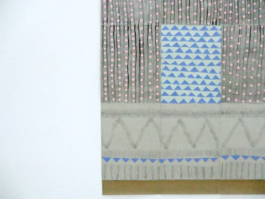 Detail of an assembled mixed media artwork in grey, blue green und brown, with collaged pink dots. Anna Slobodnik, 2017. 