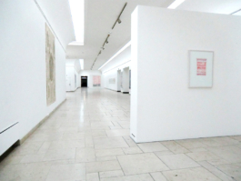 Big hallway with exhibition view, to the right one framed lithgraph in red. Anna Slobodnik, 2017. 