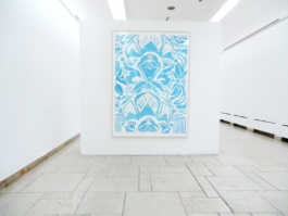 Big framed painting of a blue floral painting on paper. Anna Slobodnik, 2017. 