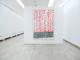 Big framed painting with a red pattern and a black floor. Anna Slobodnik, 2017. 