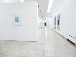 Exhibition view with a framed lithograph of a blue carpet. Anna Slobodnik, 2017. 