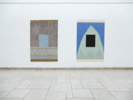 Two assembled mixed media artworks, the left one in grey, brown and green, the right one in beige, green, blue and green. Anna Slobodnik, 2017. 
