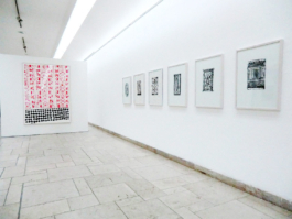 On the left a big framed painting with red wallpapers and black tiled floor, on the right six lithographs of black carpets, also framed, Anna Slobodnik 2017. 