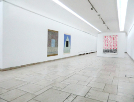 On the left two assembled mixed media artworks on the wall, to the right big framed painting with red wallpaper and black tiled floor. Anna Slobodnik, 2017. 