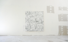 One big pencil drawing on canvas, depicting an tapestry with animals and plants. Anna Slobodnik 2015. 