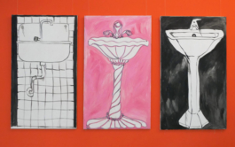 Three paintings of sinks by Anna Slobodnik on a red wall. 