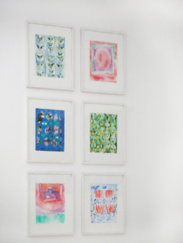 Six framed drawings in red, green and blue. Four of the showing ornaments and patterns. 