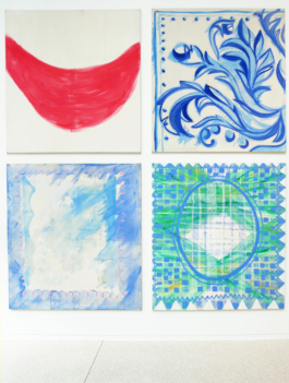 View of four high scale canvas paintings of forms, patterns and ornaments. 