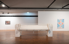 To the left photograph of a carpet, in the middle sculpture out of paper, to the right a painting of an ornamental rug made out of eight paper stripes. 