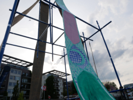 Green ornaments on a painting on a raft. 