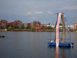A raft at dusk. A red painting in the evening light. 