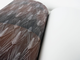 Black floral ornaments on the left, a white page to the right.